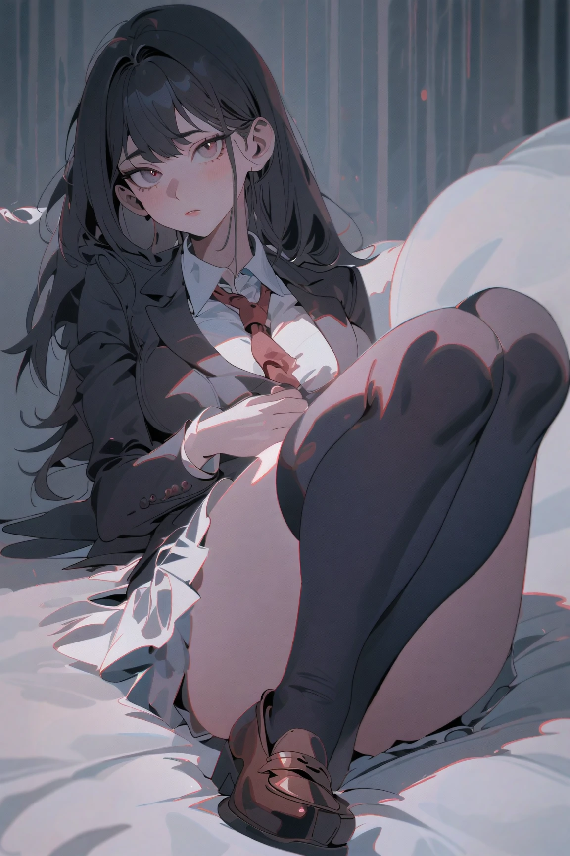 (Long black straight hair)、 (extra detailed face、extremely detailed eye、Sexy Beauties、二重まぶた、Red glasses、Very embarrassing、sluttish、Thick lip)、 (messy formal white shirt:1.3)、(Open your clothes wide:1.8)、(Show off red sexy mini bra:1.5) (black tight mini pleated skirt:1.3)、(Skirt lift:1.3)、(Show off red sexy mini panties:1.3)、(Cameltoe:1.3) 、(Black garter belt:1.4)、(Black thigh socks:1.4)、 ((Medium chest:1.3)、Glamorous、Slim waist、big butts、(zettai ryouiki:1.3)) (5Fingered hand、Beautiful woman with perfect figure、high detailed skin texture)、 (ultra close up:1.3)、(Focus on the crotch)、(From the top:1.2)、 (Full body posture)、(Lie on the bed and spread your legs:2.0)、(Put your hand on your crotch:1.3)、(Many colorful flowers bloom in the background:1.3)、 (top-quality、8K、masterpiece)、(Centered、scale to fit the dimensions、thirds rule)、 (NSFW:1.2)