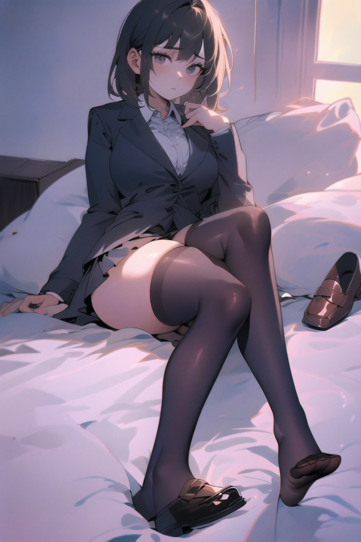 (full body),Tabletop, highest quality,Lie on your back in bed,Show me your boots,Thigh-high boots,Black Stockings,Black gloves,Strange thief,elegant, One Girl, Muscular,cute, Blushed, View Viewer, From below,Pink mini skirt, prison,blue eyes, Beautiful Eyes, Beautiful background, Light Particles, Light of the sun, Dramatic lighting, outside, Shiny, Realistic, Tabletop, highest quality, 超detailed, detailed, scenery, Beautiful fine details, Fine hair