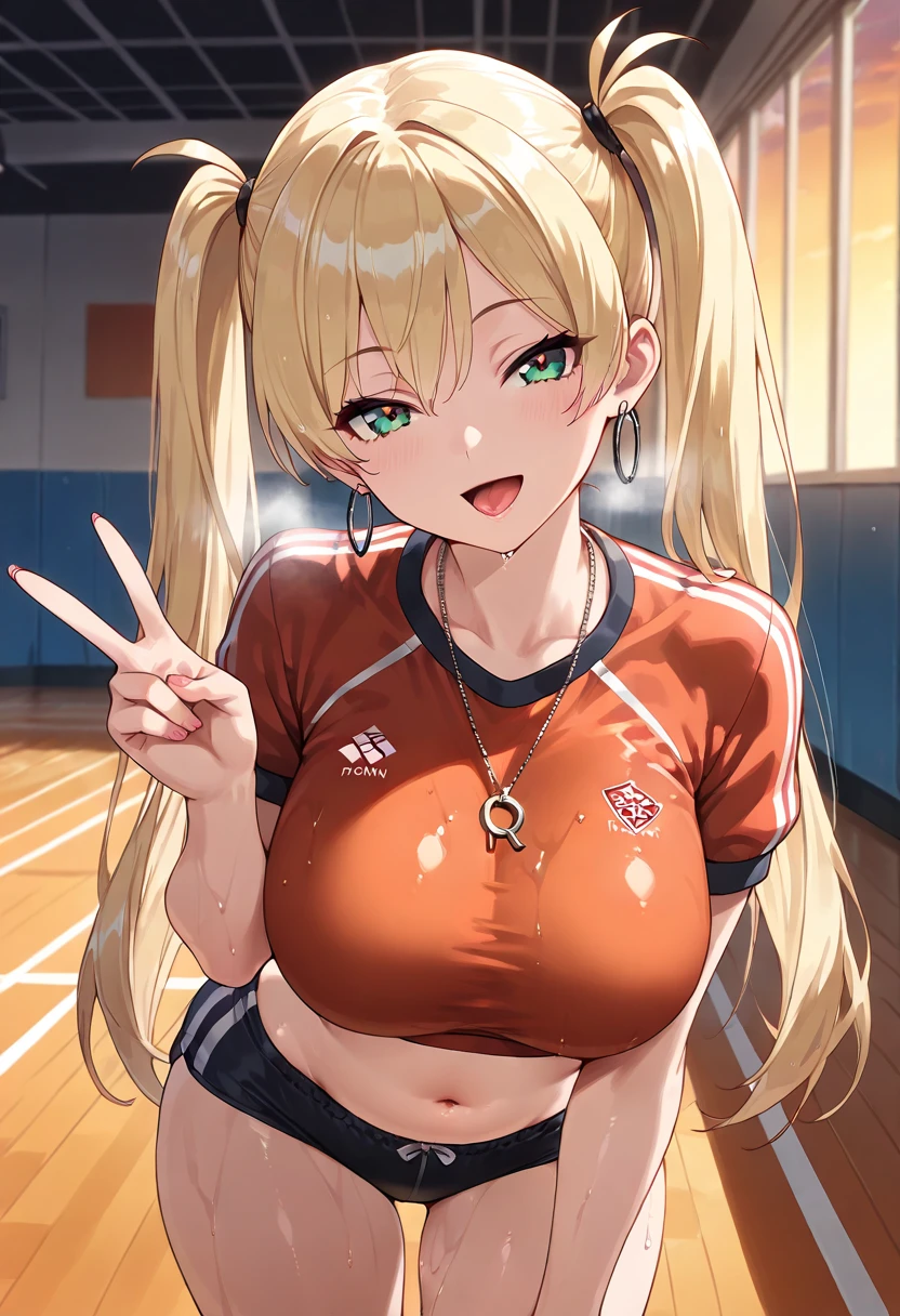 ((highest quality、muste piece、High resolution))、(((Zoom photo from above:1.95、、cheerleader、cheerleaderの衣装、cute smile:1.5、blush:1.5、white liquid:1.5、、Bukkake:2.5、Bukkake、wet body:2.5、wet body、wet hair:2.5、wet hair、big breasts、cleavage、blonde hair、twin tail hair、inside the gymnasium)))