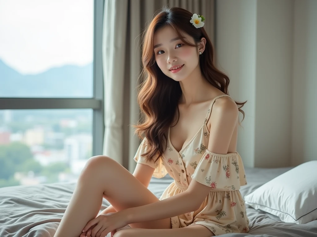 Big breasted  girl in sundress shorts pajamas