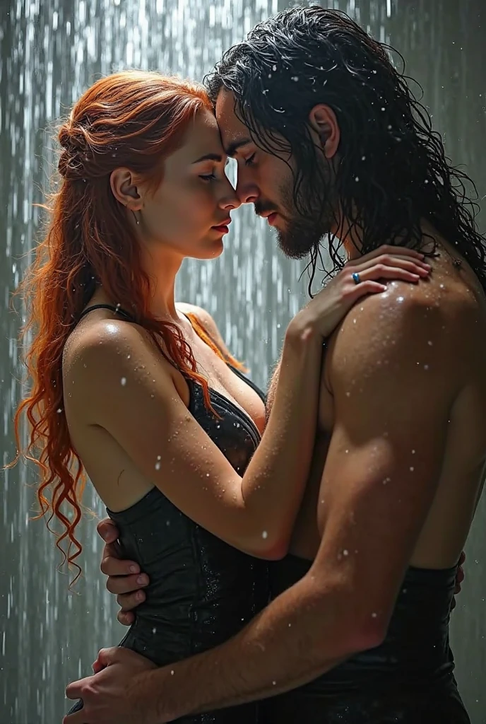 (Raw photo:1.2), (Photorealistic:1.6), Huge file size, High resolution, [Masterpiece:1.6], Illustration, Very detailed, nfsw, Fine detail, 8K Wallpaper, Best Quality, movie lighting. man and a woman hugging in the woods, (Very wet body:1.2), male link breast kissing, peasant boy and girl first breast kissing, gregoire and manon, breast kiss, woman breasts kissed, kisses are wordless spells, hyper realistic face, perfect face, fairy tale style background and rainy weather, the girl has red hair huge naked breasts,breast exposed, thicc thighs. The boy is strong body his big penis was hard,boy penis exposed,sucking nipple breast, (anatomy correctly:1.0), accurate,UHD