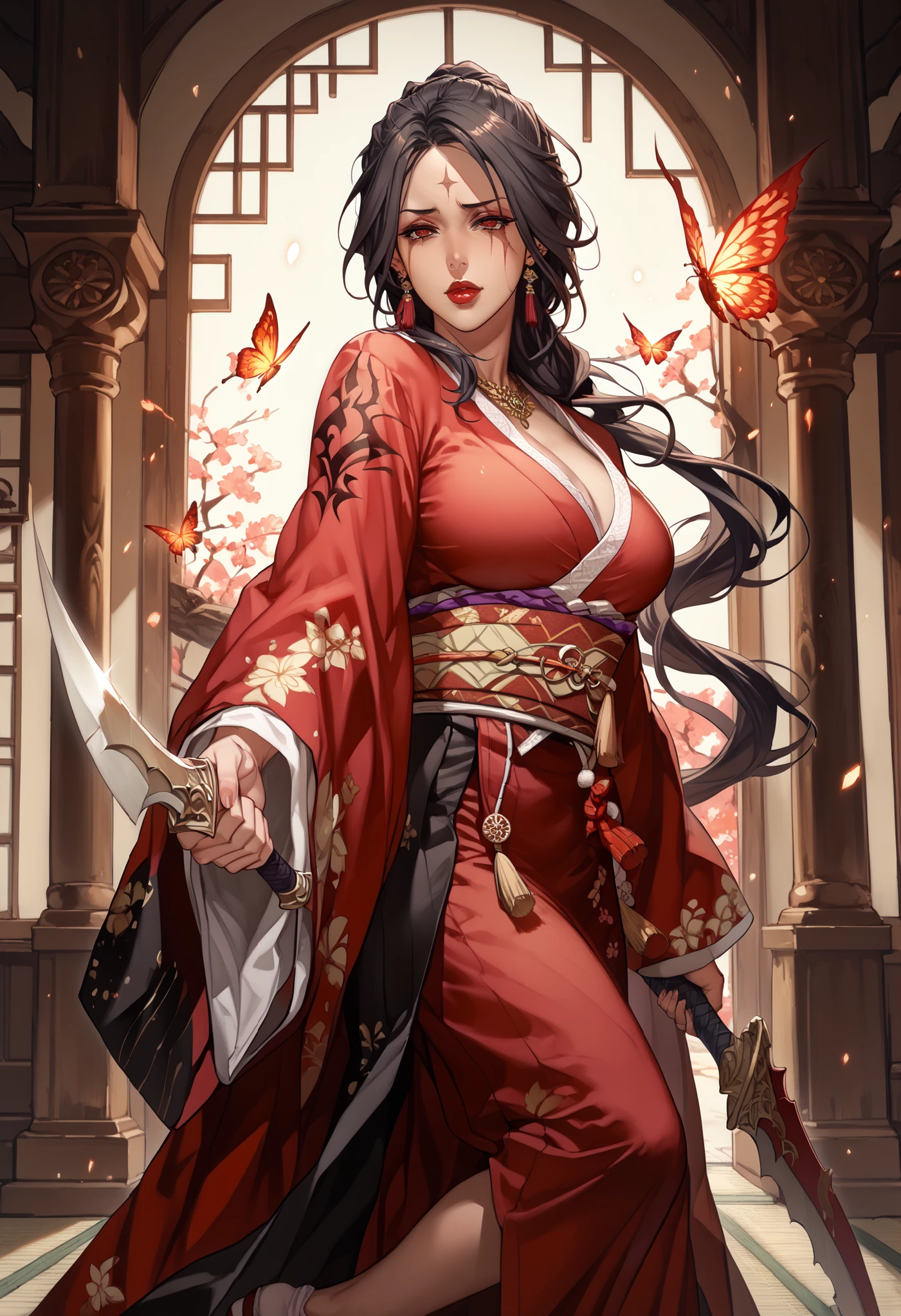 Score_9, Score_8_up, Score_7_up, Score_6_up, Score_5_up, Score_4_up, Source Animation,(( masterpiece,is the best quality,highly detailed)),from below、(  mature women :1.4)、 toxic women   、Japanese-style room,　Unohana _,Scarface , scar, red eyes, dark hair, dark hair, (Very long hair, Straight Hair, Forehead,),Black Kimono, Red butterfly  ,(Exquisite brightly colored kimono , Highly detailed embroidery:1.3),  feather , long sleeve, Wide sleeves, no expression on the face,  Eyes wide ,  no expression on the face,  Eyes wide , clavicle, Rift,
big , Lips, red Lips, Bi-sexual , Shadow Face,  holding a weapon ,  Samurai Knife,  dynamic pose, moody, epic, gorgeous, film particles, Granular,fear,moody lighting,ArsMJStyle, Dragons and Dungeons Dark Fantasy