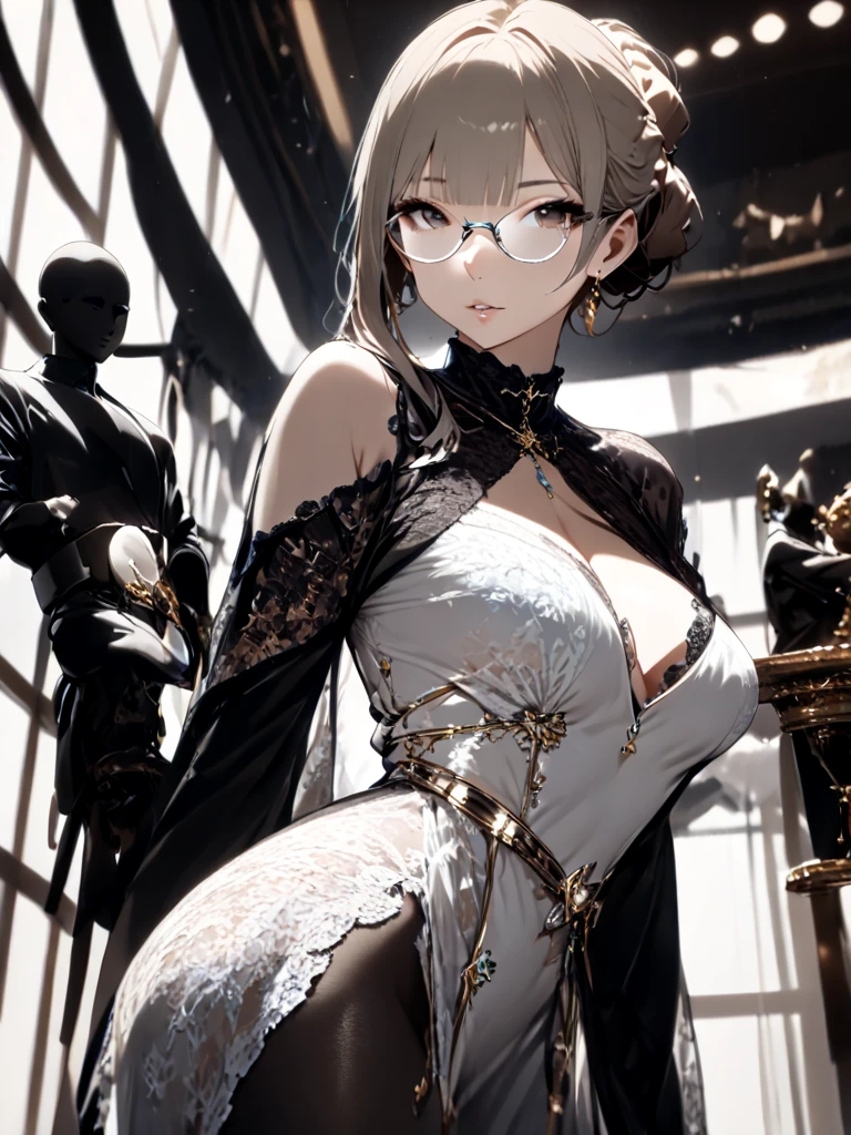1girl, short hair, ((blindfold)), ((chained book)), steampunk clothes, mature woman, big breast, ((light cinder hair))