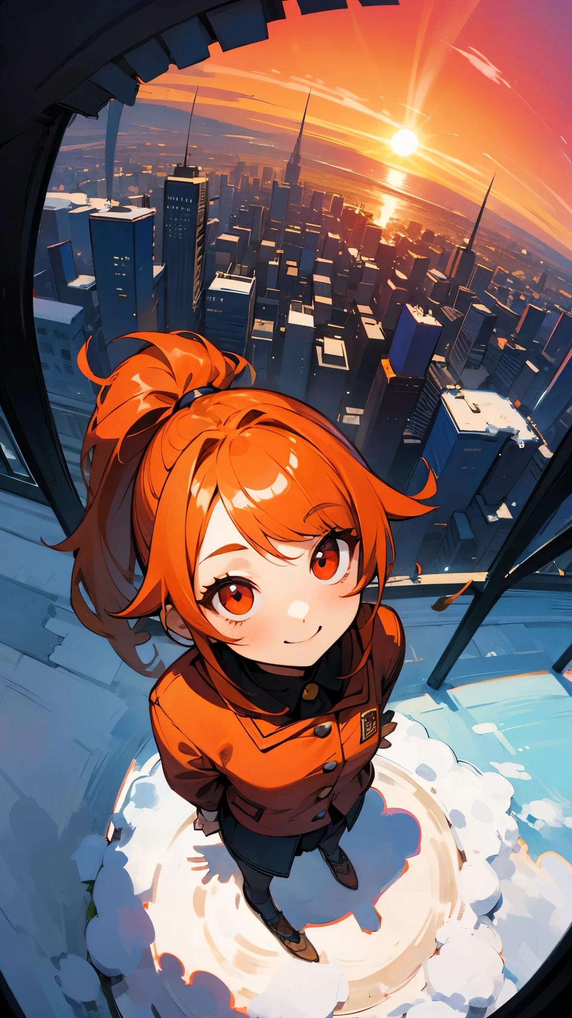 masterpiece、Best Quality、high resolution、( Super Flats 、flat shading)、fisheye lens from the sky、cute young girl、orange hair、side ponytail、Round red eyes、smile、that goes all the way to the tip of the head、You can see the city from the park's garden、 Snow Scenery 、evening、beautiful sunset、Wide angle、bright color、 watercolor