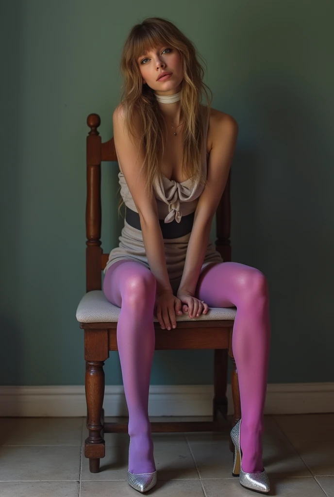 Full body view, feet in view, RAW,beautiful woman face, red hair, purple eyes, cute, purple headband, purple dress, pink pantyhose, no shoes, library
