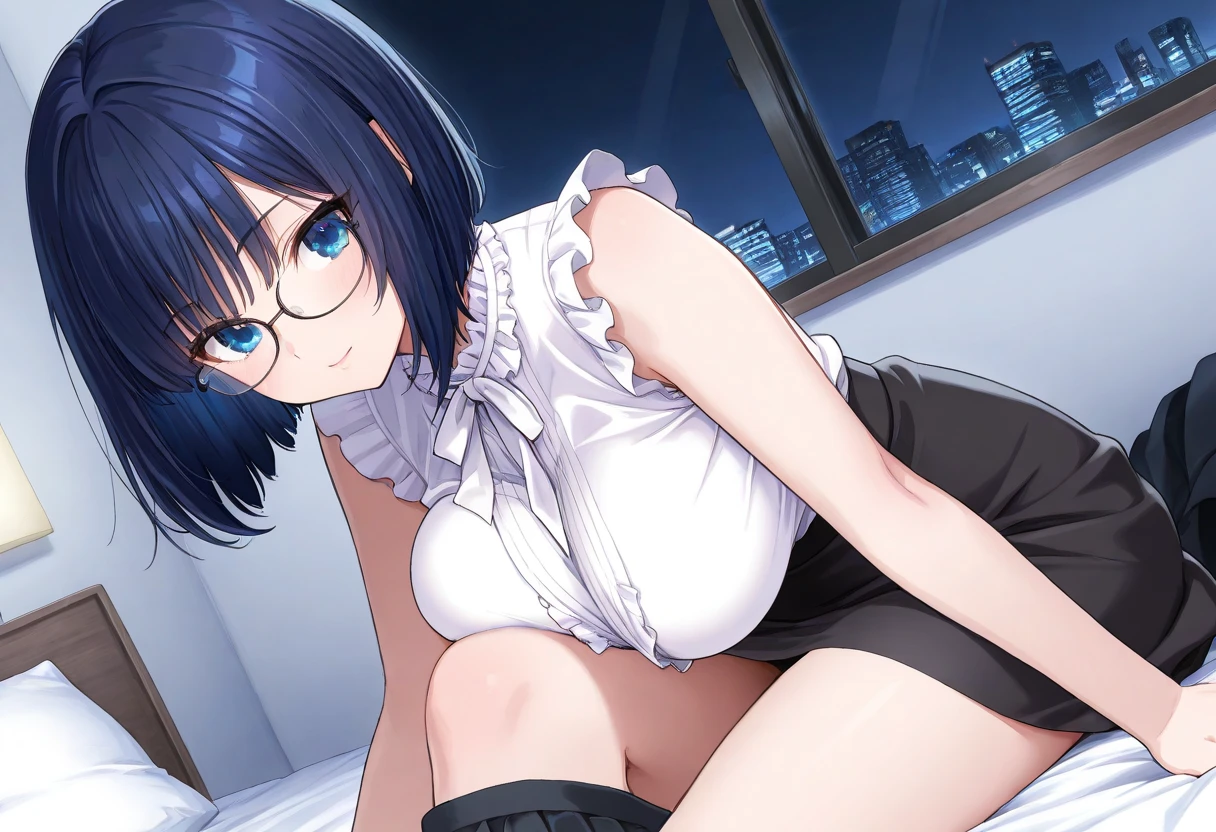 masterpiece, best quality, wallpaper, 1girl, purple short hair, black hair, sky blue eyes, hair accessories, cute, innocent, off-shoulder sweater, , brown tight skirt, 35 years old female, innocent, safe for work, wholesome, city streets, night, fashion, mature face, mature body, slender body, slender legs, medium breast, sitting pose, front view, embarrassed face, front view, low angle, pantyhose, off-shoulder sweater, glasses, perfect hands, panty visible, sitting, underwear visible, lifting skirt up, wearing choker, moe,