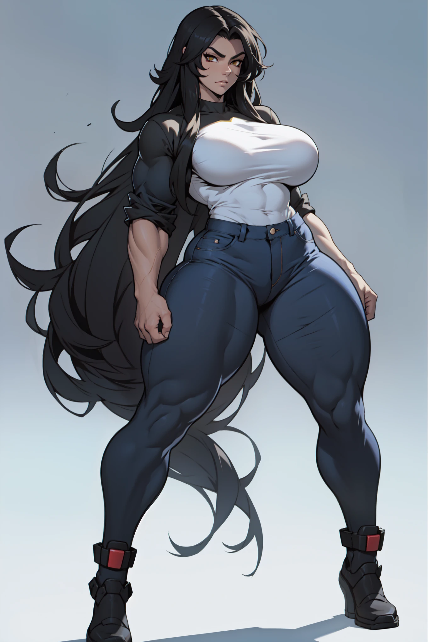 solo, ((((1 girl)))), very long hair, black hair, angry, yellow eyes, (((((muscular))))), (huge tits), (thick thighs), (wide hips), (full body), pale skin, (tight shirt), (tight pants), standing, wavy hair