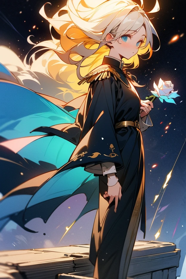 `((best quality)), ((ultra-detailed)), (intricate details), (dynamic angle), 
银发少女军官(silver long hair with light blue gradient), 湛蓝瞳孔(sapphire eyes glowing), 
军礼服(navy blue military uniform with golden epaulettes), 白色玫瑰胸针(white rose corsage), 
左轮手枪(steampunk revolver with ice crystals), 能量光纹(energy particles floating), 
末世废墟(apocalyptic cityscape background), 雷云风暴(thunderstorm clouds), 
战斗姿态(standing on broken concrete with wind blowing hair), 
光影对比(chiaroscuro lighting), 赛博朋克色调(cyan and magenta accents), 
柔美与威严并存(delicate face with sharp gaze), 
破碎的羊头面具(broken ram mask underfoot), 飘动的联军披风(tattered cape embroidered with constellations), 
异能特效(ice lightning surrounding body), 未来科技感(holographic interface in air), 
唯美插画风格(anime concept art), Makoto Shinkai style colors, WLOP lighting`