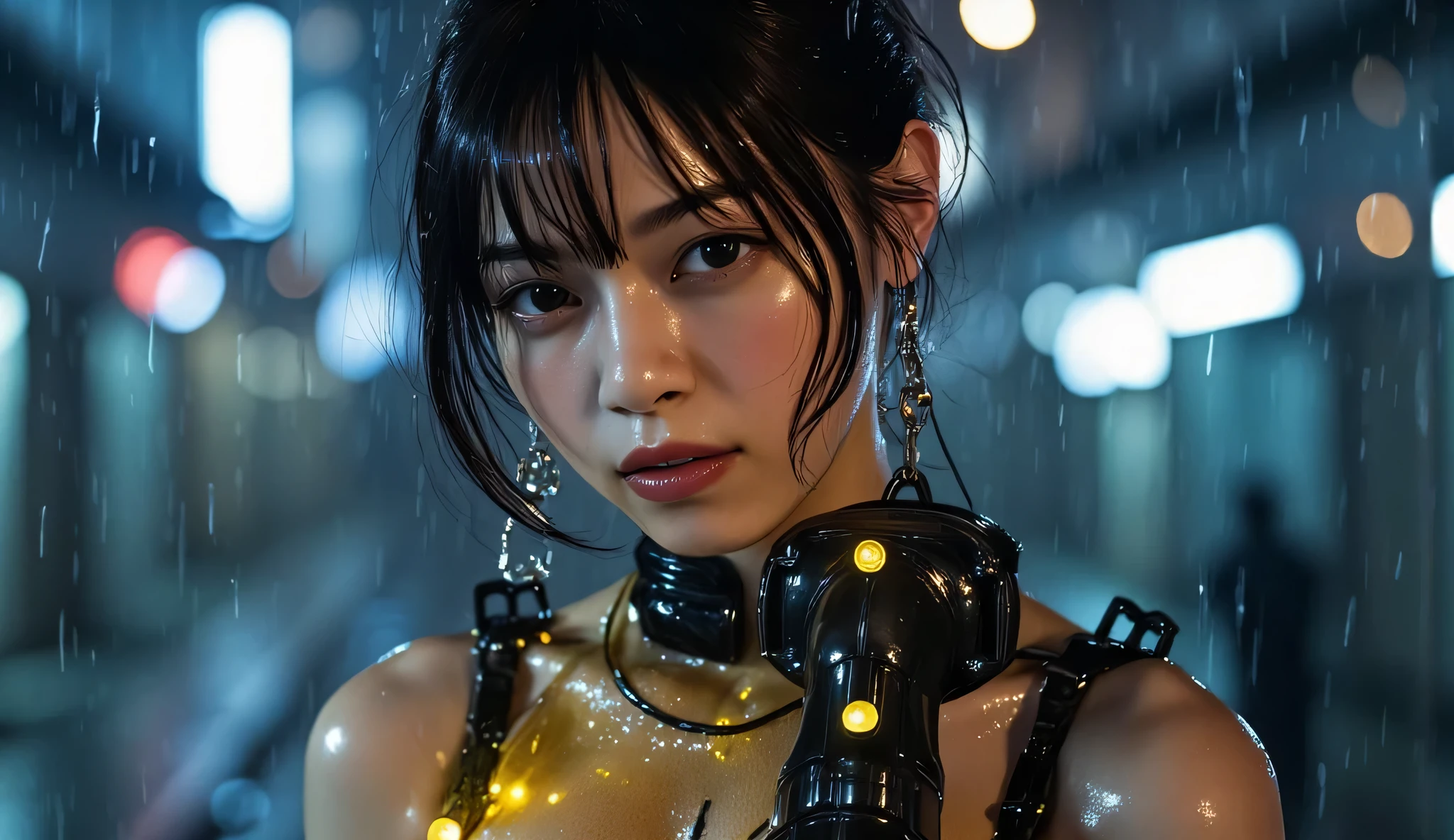 ((( downpour:2.0))),(((HR Gigger style cyberpunk atmosphere:2.0))),(((2holding a submachine gun:2.0))),(Two muzzles directed at the viewer:1.7),(((full body:2.0))),one woman,(cute face:1.5),(Beautiful well-balanced face :2.0),((long hair with bangs:2.0)),(black hair:1.5),(beautiful eyes:1.3),(Yellow Eyes:1.3),glamorous shot of a 20-year-old Japanese woman, Slender Beautiful Body ,((model body type:2.0)),((slim body:1.7)),Perfect Body Line,ideal proportions,((big breasts outdoors at night:2.0)),((H cup breasts:1.5)), popup,Sensual Thighs,delicate body,(succulent:1.7),harmonious posture,((Realistic breast depiction :1.7)),((can see lower breasts:2.0)),carefully depict limbs based on perfect anatomy,carefully depicts fingers based on perfect anatomy,(((black glowing translucent glass skin in the style of future armor:2.0))),Filled with multicolored LEDs,((((Glass translucent skin:2.0)))),(((translucent nipples that shine with yellow LEDs:2.0))),(((Coarse mesh fishnet stockings:2.0))),(Hide your nipples with a nipple:1.5),((glowing yellow areolas:2.0)),(full body:1.5),((Tactical Holster:1.5)),(gloves:1.3),concept art,(Best Quality:1.5),(masterpiece:1.5),(超高resolution),resolution,UHD,(Delicate Description), carefully drawn with butterfly wings ,32k,((Realistic Skin Texture:1.5)),(((ultra-realistic:1.5))),carefully draw eyelashes,Highly detailed faces,Highly detailed female hand, Sexy appearance ,very sensual,(Blurry Dim Backgrounds :1.5),Professional Photography,(Movie Lighting:2.0),((Blade Runner style light:2.0))