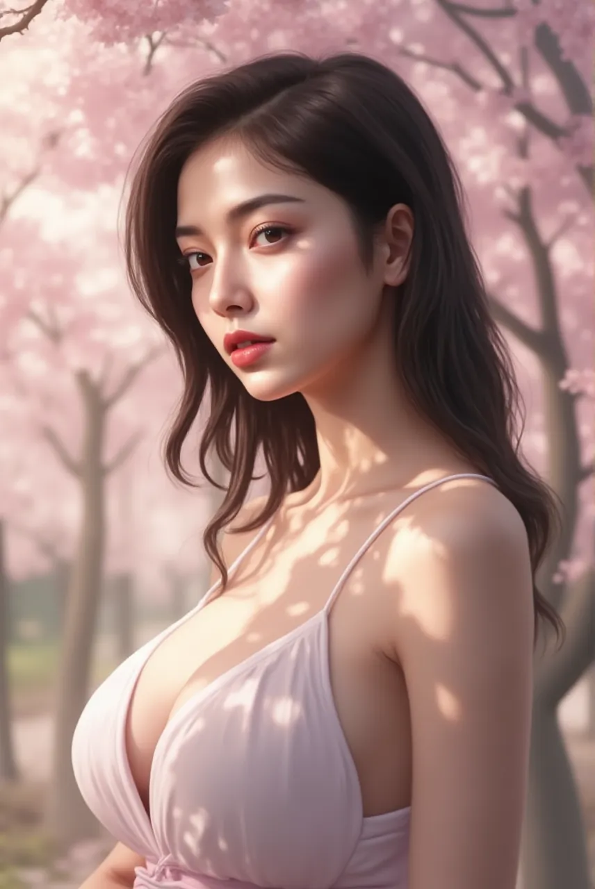 (A logo、​masterpiece、8K、masutepiece、Raw photo、Fantastic、Best Quality、フォトリアリスティックでighly detailedな CG 統合 8k 壁紙、hightquality、ighly detailed、epic poem、Particle effect、Dynamic effects、depth of fields、Cinematic Light、Lens Flare、Ray tracing)、Fantasia、 (Beauty 1 person、doress、Dress、Cherry blossom pattern、A dark-haired、Beautiful face、Real Face、beautiful details eyes beautiful skin)、髪がthe windで踊る、Hair flutters in the wind、Hair jumps、Pink cherry blossom tree、Petals flutter、Sakura blizzard、Superb view、morning glow、Sun in the background、the wind、