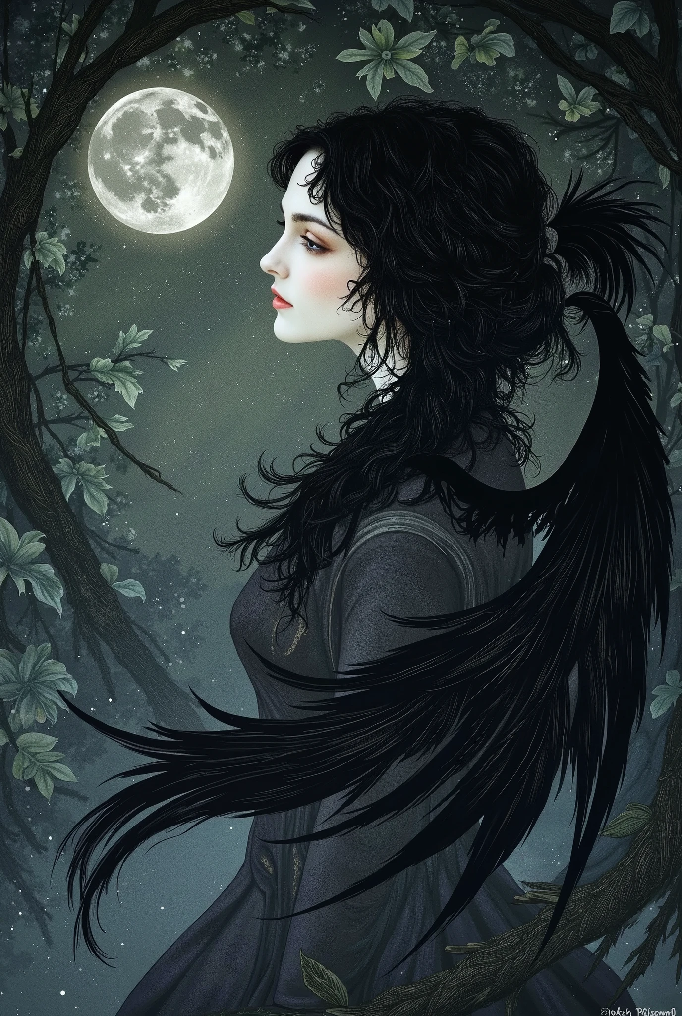 side view, dynamic pose,dynamic angle,very pretty face,Black Wing,sexy,feminine,Dark Fantasy,(with eyes closed),forest,moon,starry sky, Dark Atmosphere ,painting, portrait,At night