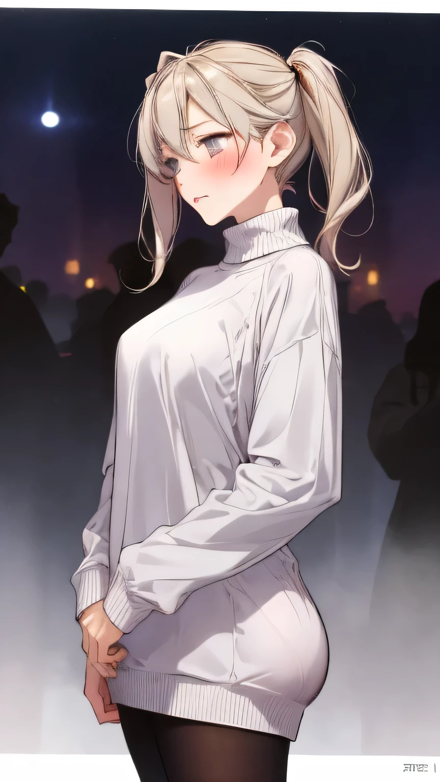 1girl absurdres alternate_costume artist_name ass ass_support black_pantyhose blonde_hair blush breasts comiket_100 cowboy_shot dated grabbing_own_ass graf_zeppelin_(kancolle) grey_background hair_between_eyes highres kantai_collection large_breasts long_hair long_sleeves non-web_source open_mouth pantyhose purple_eyes rokuwata_tomoe scan sidelocks simple_background solo sweater turtleneck turtleneck_sweater twintails twitter_username white_sweater