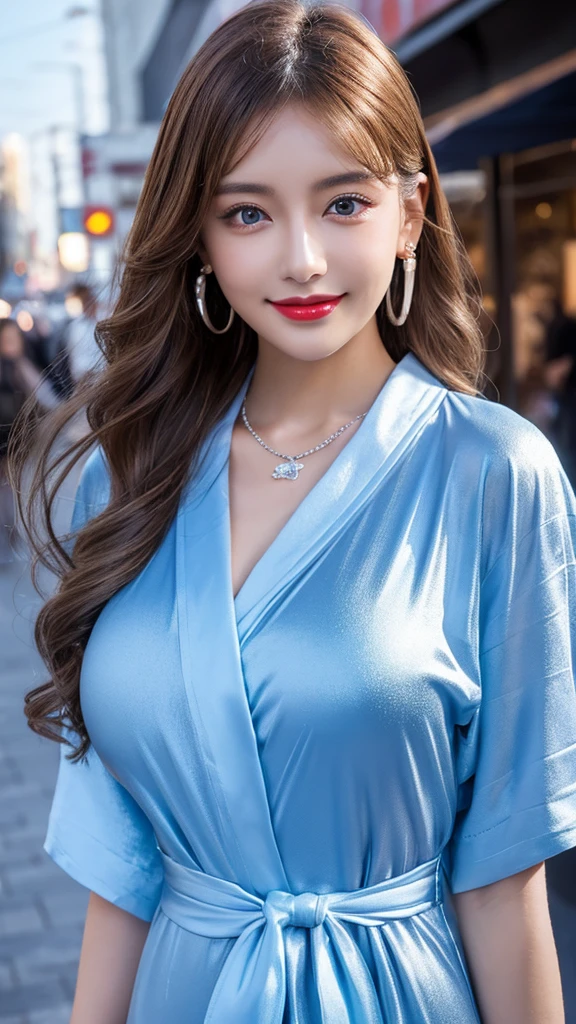 Urban beautiful girl college student, masterpiece, light makeup, Red lips, Silver Hair, Disheveled long hair, Street background, beautiful, elegant. Extremely fine detail, Master Works, Authentic texture, Realism in film lighting, Perfect job, 16K, High resolution, exquisite features,blue eyes、Japanese Idols、beautiful顔、Cute Smile、Brown Hair、beautiful hair、Stylish hairstyle,glamorous、 Big Breasts、Erect nipples、Greasy muscles、Shiny skin、Sunburned skin、Glowing dark skin、Wear a bathrobe in the bathroom, Bright big eyes, Smooth Skin, Earrings, necklace, リアルな顔つき、リアリティ