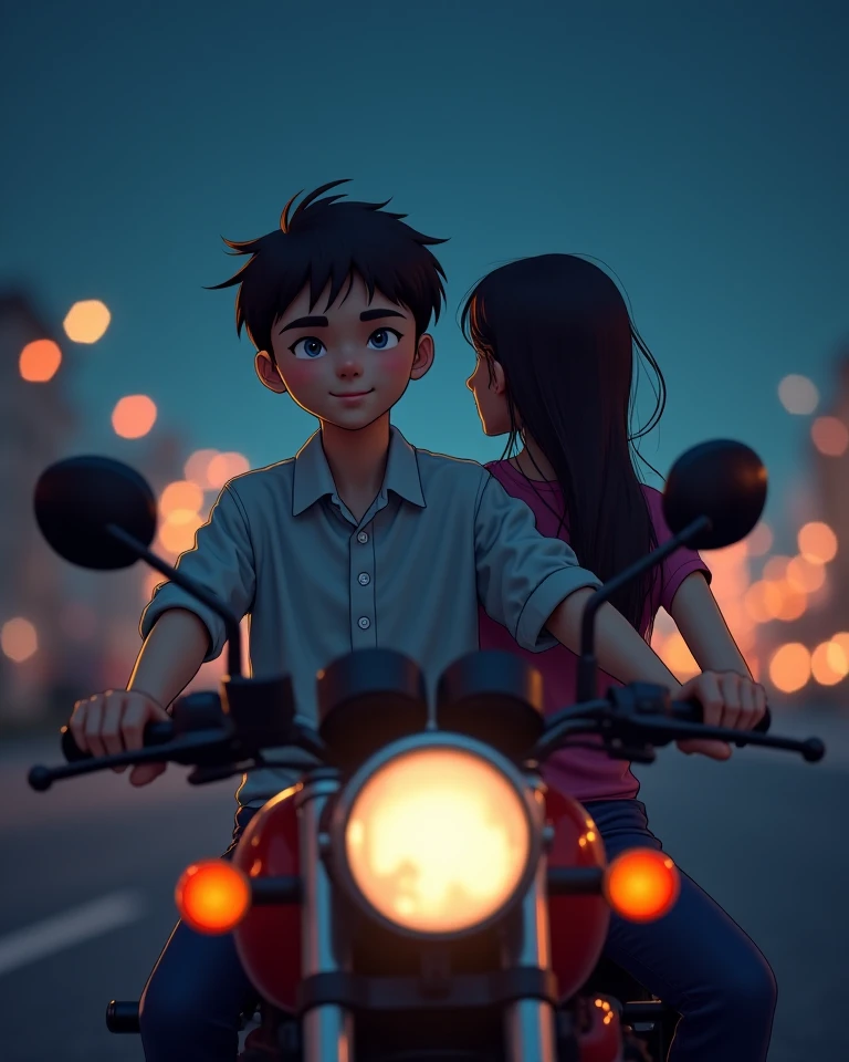 A boy giving a tight hug behind a girl on a motorcycle