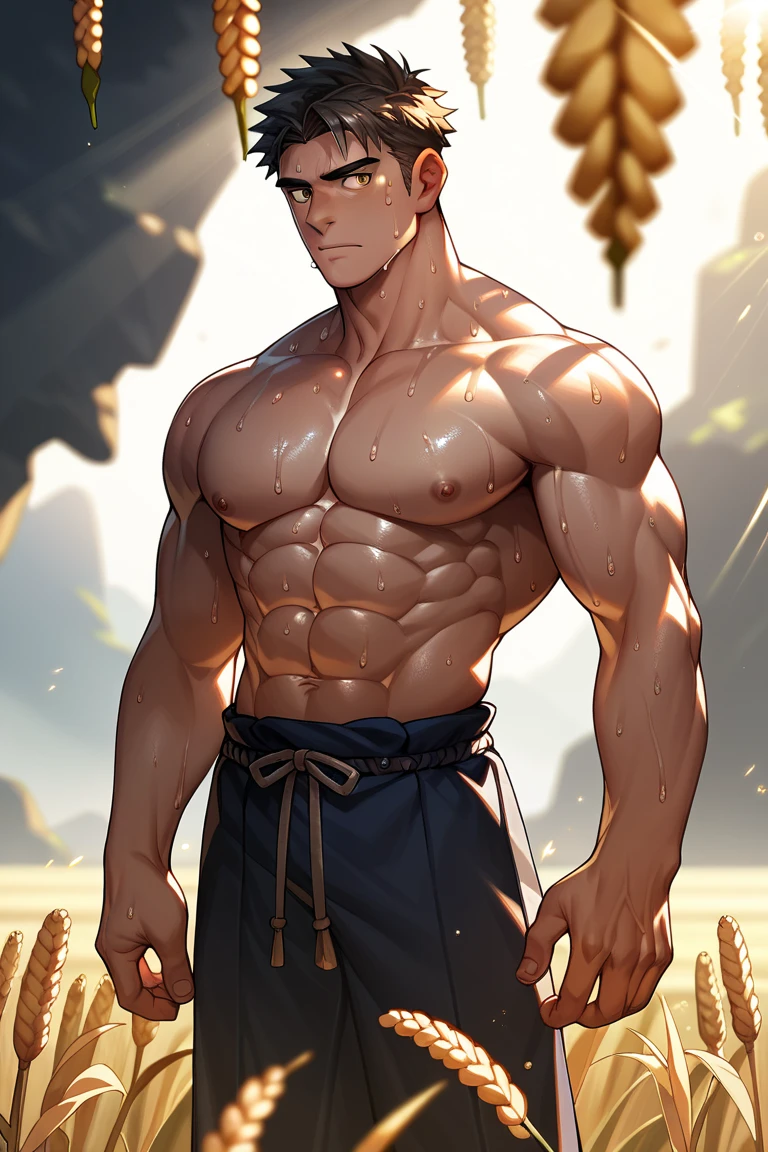 A very attractive young man with very short dark orange hair combed severely back, (hairy) although 4 small strands of hair just a couple of centimeters long fall on his forehead, his skin is tanned in a copper tone and amber eyes . He is shirtless and is only wearing black cloth pants. He is very muscular with broad shoulders, prominent pectorals and very marked abs, training in the mountains with a waterfall behind him. (((Handsome))).