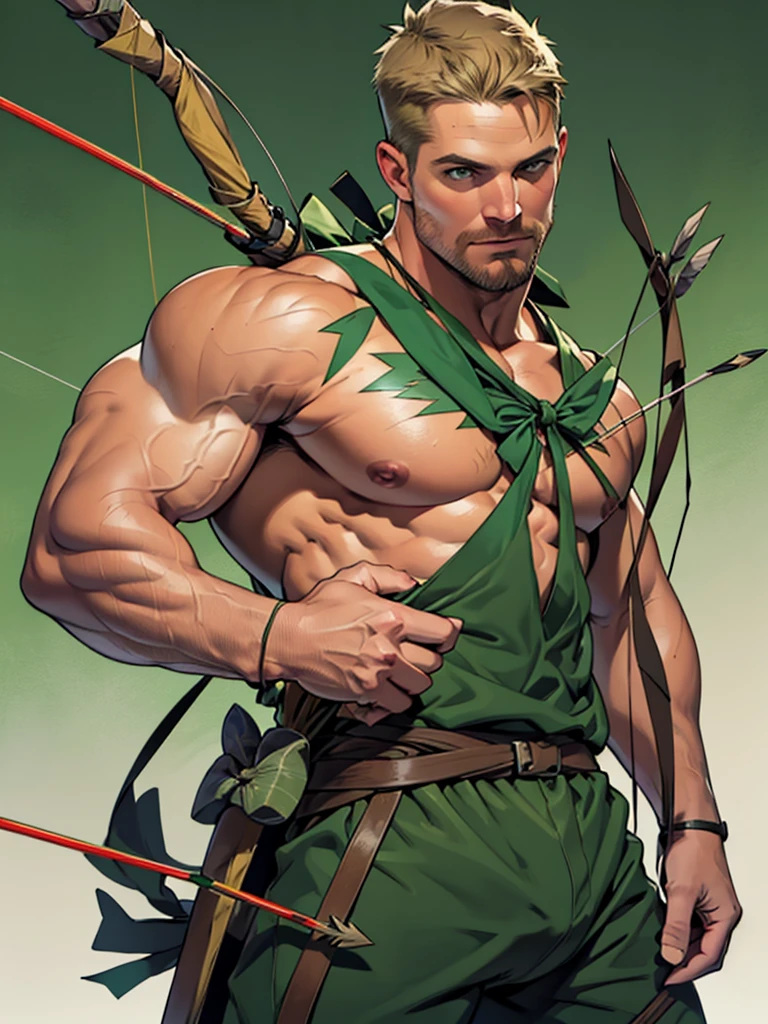 8k, high quality , detailed face , detailed fingers ,detailed muscles stephen amell as green arrow , wearing dark green outfit , showing a dark blond short hair , a thick facial hair , hard nipples, a bulge ,hunk and handsome, aiming with his bow and arrow toward the ennemy