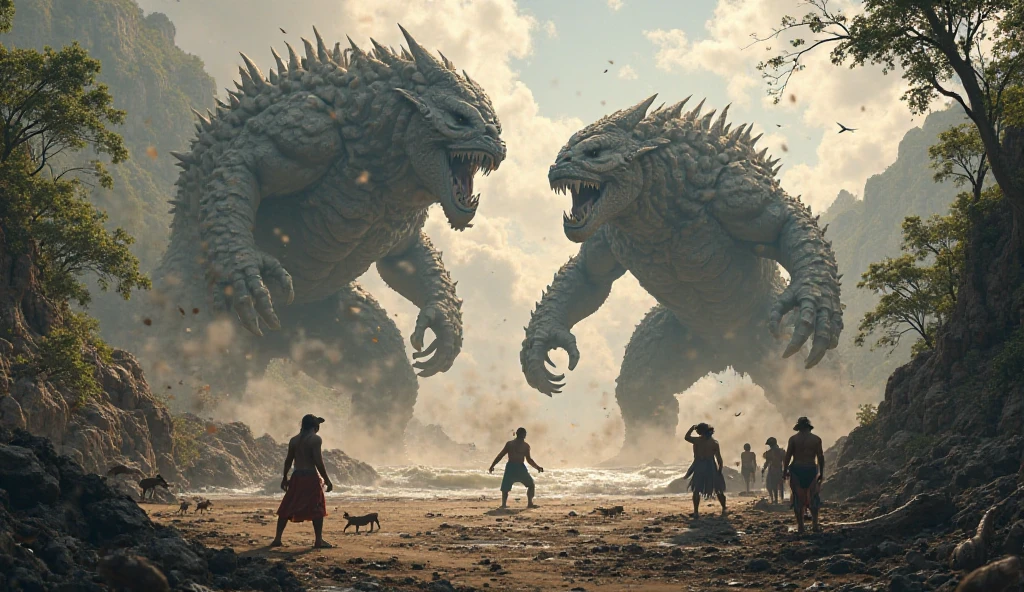 ((4K resolution)), ((ultra-realistic))), (highly detailed) Cthulhu facing Godzilla in a futuristic city."