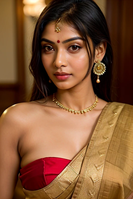(Best quality,4K,A high resolution,Realistic:1.2), a woman in a sari with a nose ring, traditional beauty, wearing Bihu dress mekhela Sador, Assamese aesthetic, with lovely look, very beautiful photo, dressed in a sari, very extremely beautiful