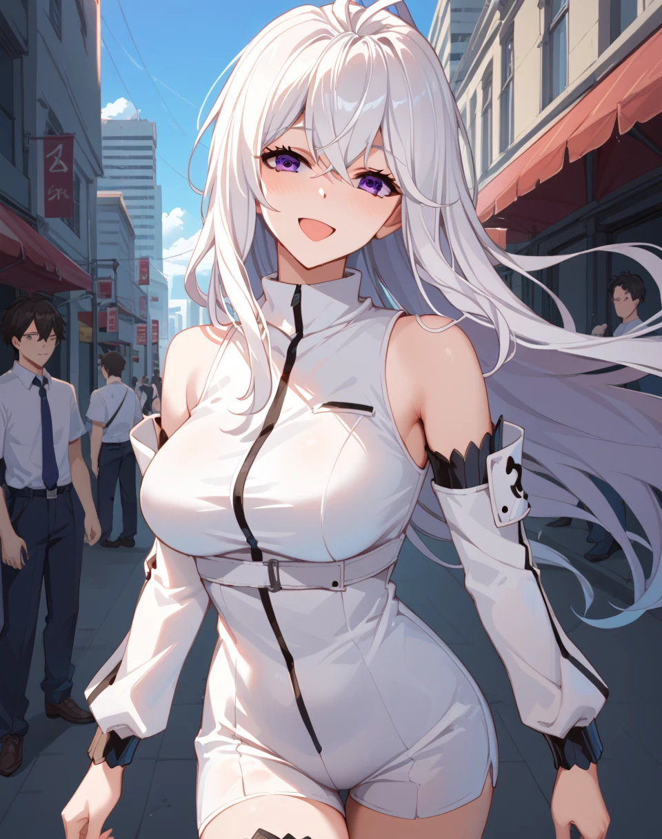 (Fraction_9,Fraction_8_Direction_7_up),1 Girl,beautiful_Face,White eyes，Hyuga Hinata，White hair，Big breasts，whole body，Bare thighs，Wearing a semi-transparent white tight skirt