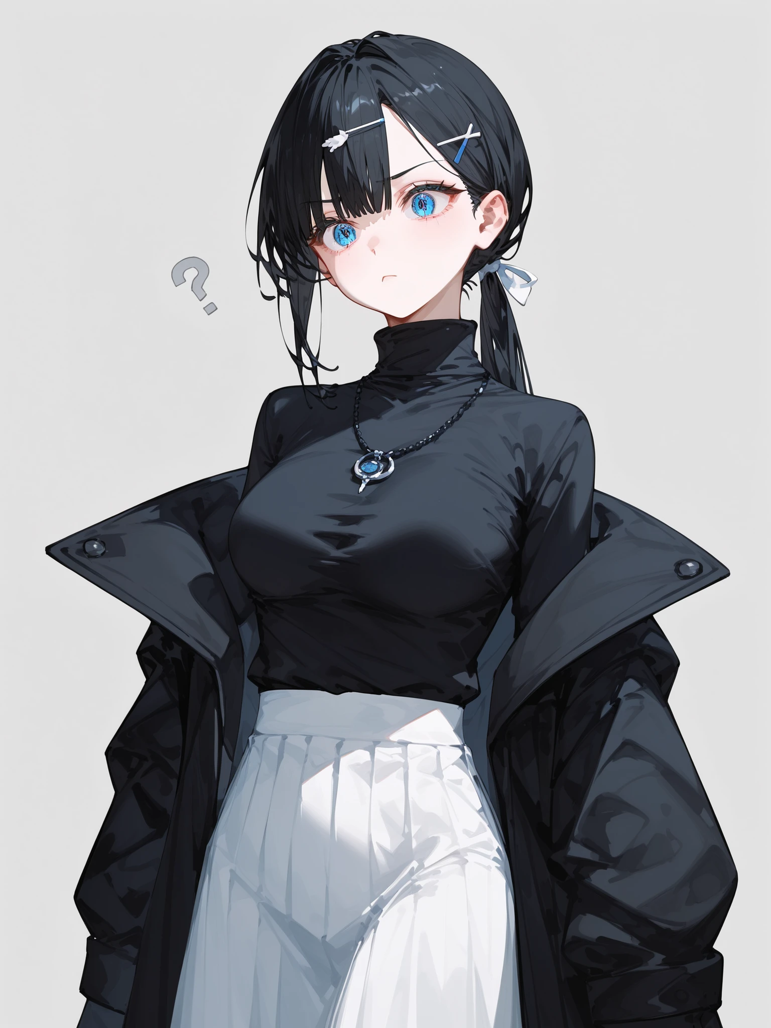 Dragon Girl, ผมสีดำ,long hair, Multicolored eyes, blue eyes,,Wear a black necklace.,stand, Hair Clip xx ,Confused,canine,in the naked eye,Dragon Hill,medium breasts,,Make a threatening hand ,ผมสีดำ, black hair ,Bitter,gray background,black shirt, low ponytail ,White Ponytail Ribbon,black turtleneck,Black Long Sleeve Black Jacket, White Long Skirt,