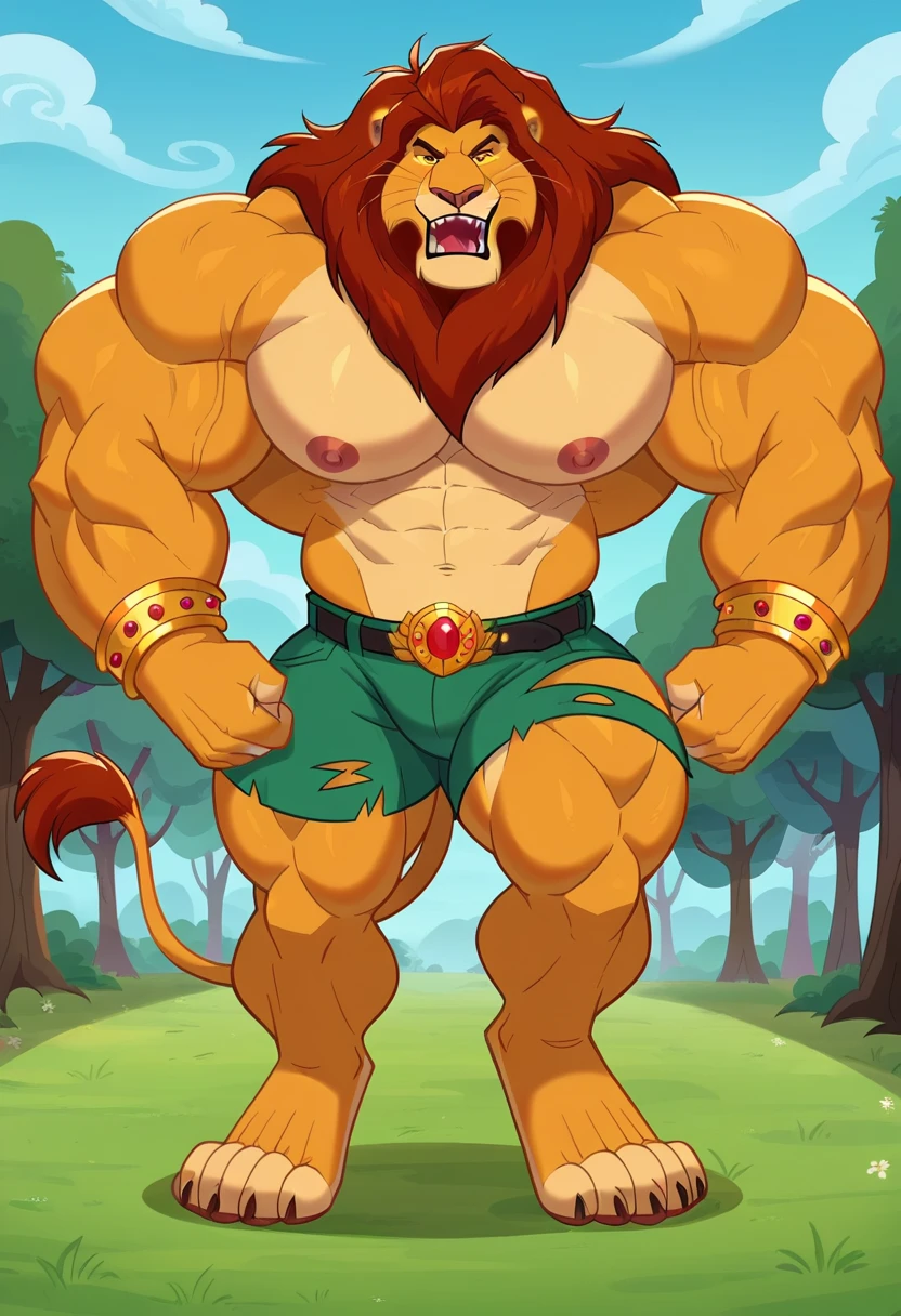 muscular simba, huge penis, giant testicles, tight shirt, huge cock