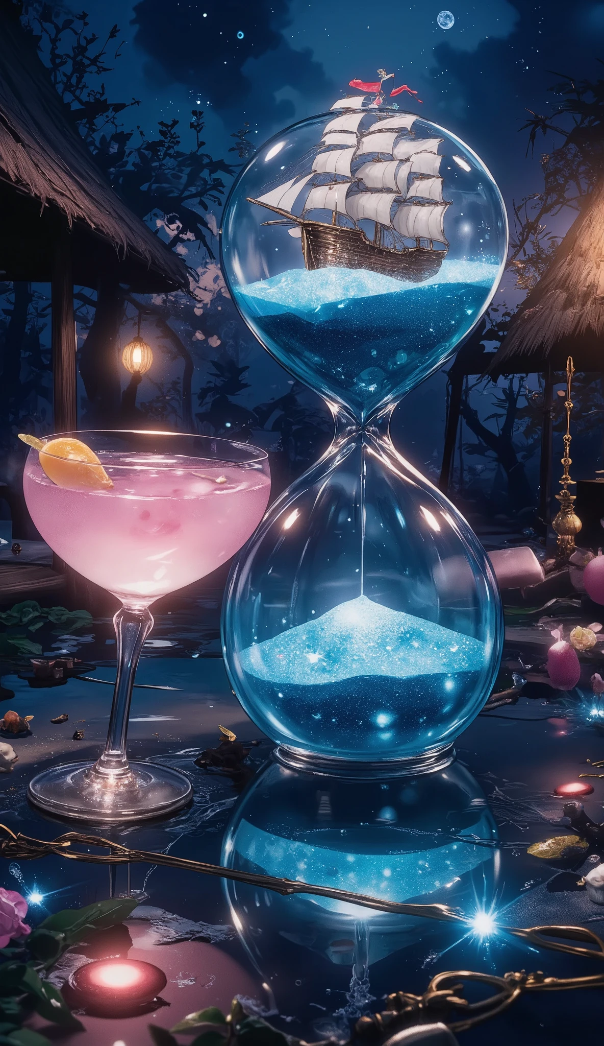 masterpiece, Best Quality, ultra resolution, a girl, perfect anatomy, A bottle ship containing an accurate model of a ship、A beautiful hourglass made of glowing blue sand、Pink Cocktail、Beach hut 、Indulge in memories、light particles, fantastic, dramatic, dynamic, absurd, metaphysics、Glasswork