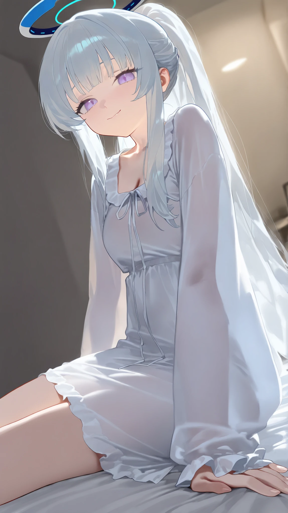 1girl,noa \(pajamas\),purple eyes,halo,white hair,white dress,ponytail,
year_2023,foreshortening,highres,high definition,absurdres,amazing quality,best quality,masterpiece,very aesthetic,masterpiece,simple background,
indoors,cowboy_shot,see-through clothes,looking at viewer,close-up,macro_shot,seductive_smile,naughty_face,,(),love hotel,dark,lambent light,sitting on bed,cinematic_angle,from_side,