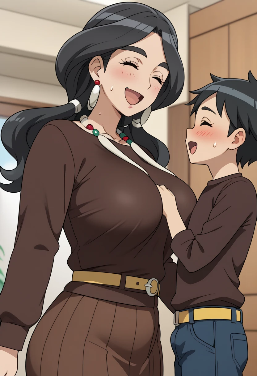 Erotic、Bedroom、Two naked people、Auntie and 　My aunt has big boobs　Sweat、Embarrassed expression、smile、No clothes　straightshota 　Breastfeeding a young boy　Young man licking boobs　Auntie looks at a little boyd her son
