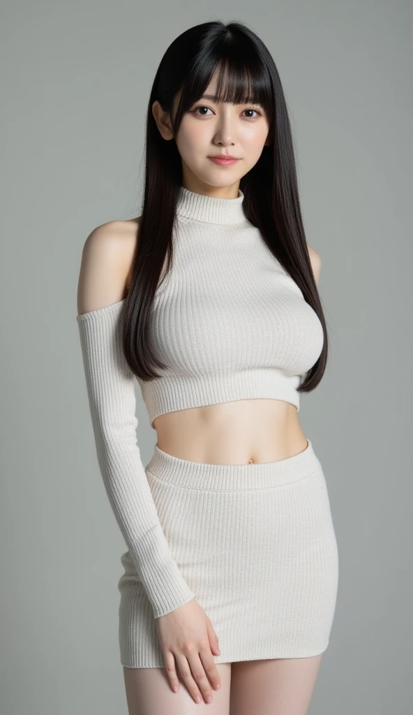 1 girl with sagging hips, skin-tight pull-over, skin-tight miniskirt which is so thin and soft that reflects her voluptuous and sensual hips, perfect midriff, icy eyeshadow, Pale skin, juicy lips, Long Eyelashes, Hourglass body, thin waist, good shaped hips,