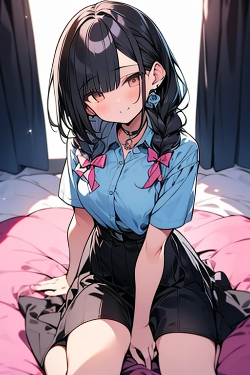 Chinese girl
,Wear black round glasses
,Short-sleeved school uniform
,White pleated skirt
,Black messy bun
,Pink heart-shaped eyes
,small waist
,Sleeping.บนเตียงนอน
,night time
,There is warm light from the bulb.
,Beautiful composition
,Taken by a professional photographer
,Open your mouth and stick your tongue out.,The tongue is clearly visible.
,My eyebrows droop.
,shy
,Thin eyebrows, not too dark
,small nose
,There are some small bumps on the face.
,Medium Page
,Don't be a jerk.
,small
,sparkling eyes
,pink mouth
,pink cheeks
,See the thighs and navel
,break out
,Hands tied to the headboard
,I'm sweating a lot.
,My legs are covered with water.
,Put on a collar
,There are red hickeys on the neck.,Sleeping.
