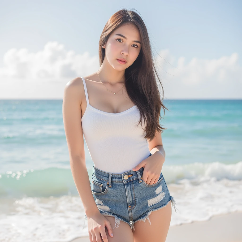 (Highest quality、masterpiece、High resolution、8K)、Vibrant colors、Young and beautiful woman 1、whole body、Brown and black short bob、barefoot、(Detailed face、Beautiful Eyes、Beautiful nose、Pretty lips)、Ample breasts、Beautiful cleavage、White T-shirt and shorts、Running on the beach、Surprised Smile、looking at the camera、Official Art、The background is the sea、blue sky、White waves and wide sandy beach、Wide forest、White Entrance Cloud、(Depth of written boundary:1.2)