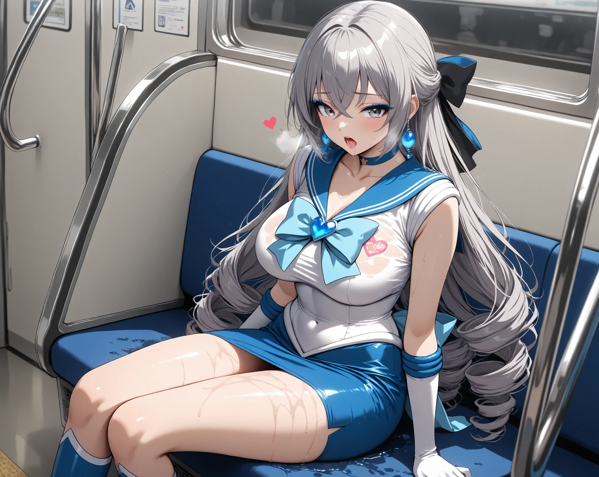 Perfect human body,1 girl, (very highly detailed background、subways), 鎖骨,Sleeveless sailor suit,Bow knot,semi transparent,(white stockings),((woman with fever)), ((perspiring,steamy,college aged))), Colossal tits,((The expression of color)), (Blushlush:1.2),