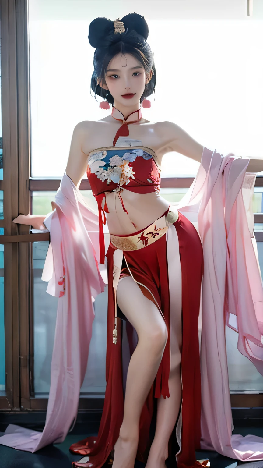 beauty,sexy,cute,Chinese girl in costume(Clothes are full of details,Show a small part of the navel),figure,Cultivation style,full body,sexy站立姿势,white studio background