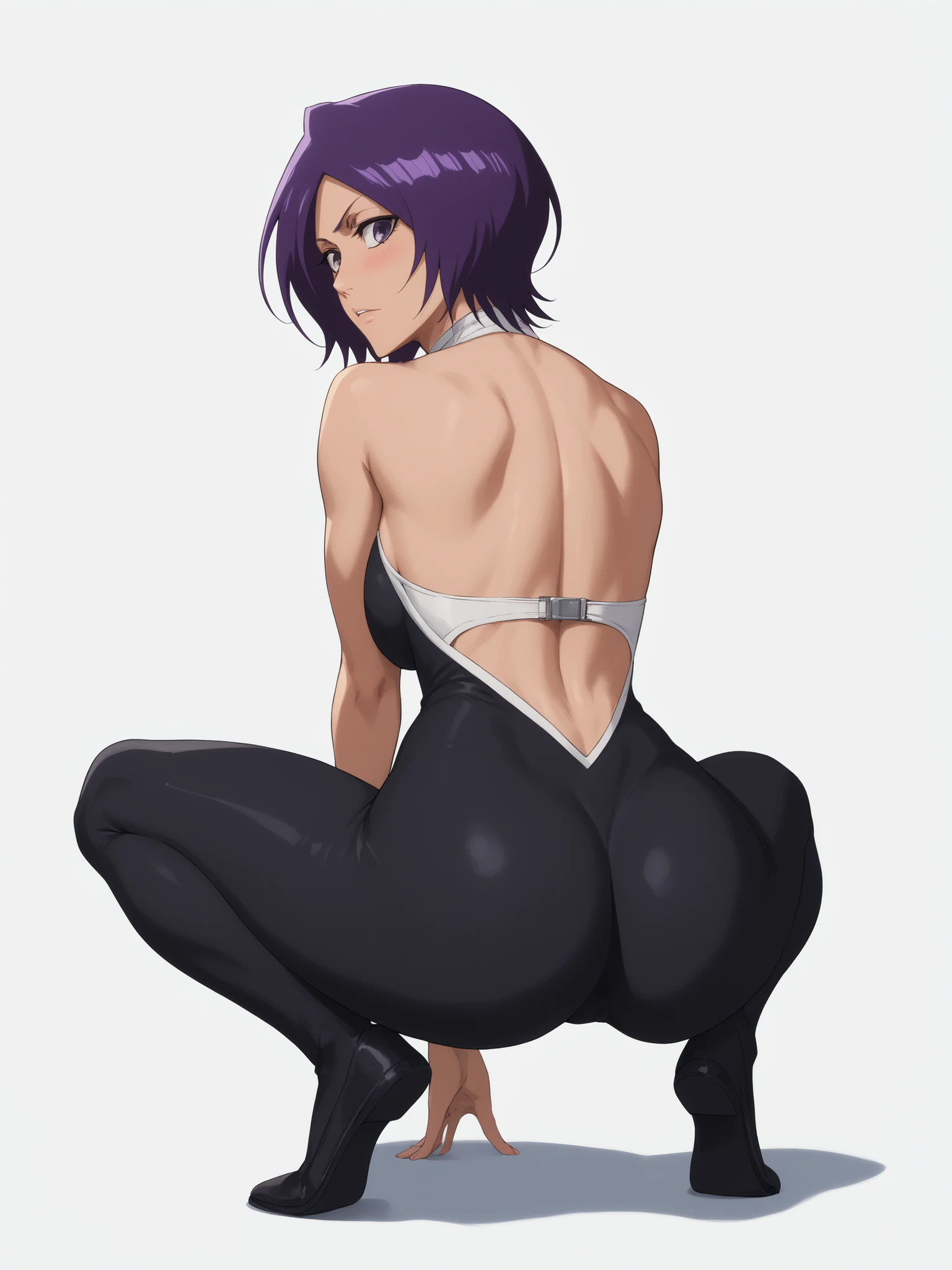 high-resolution , Masterpiece, precise, Best Quality, high-resolution , white background, 1girl , mature, bleach, rukia, rukia kuchiki, purple hair, shoulder-length hair with bangs and the bob cut, purple eyes, big breasts, blushing, expression, beautiful swimming costume, swimming, suit, tight fitting, squat position, squatting, dynamic pose, thick thigh ,looking back at the viewers, from behind, full body, fit in frame