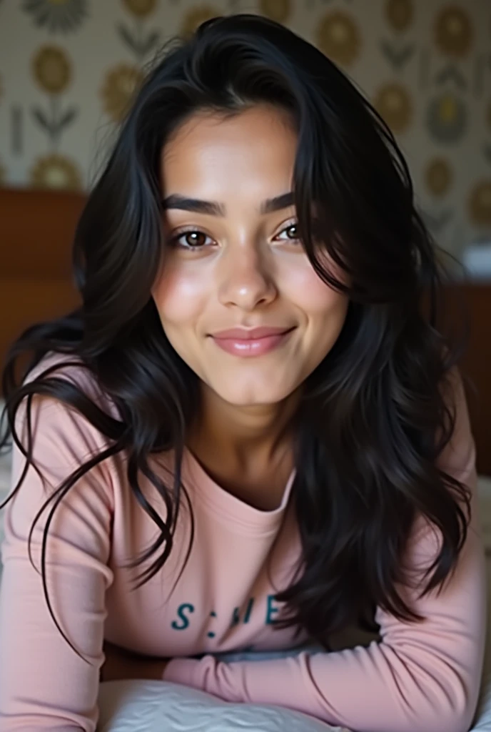 Create a woman influencer. Viry realstic. 20 years age. Fair face. Cute face. Baby pink top wearing. Slim nose. light blue eyes. Beautiful lips. Beautiful face. Beautiful eyes. Indian women. And hi is the lovely women. Realistic background. she is sitting on the sofa.