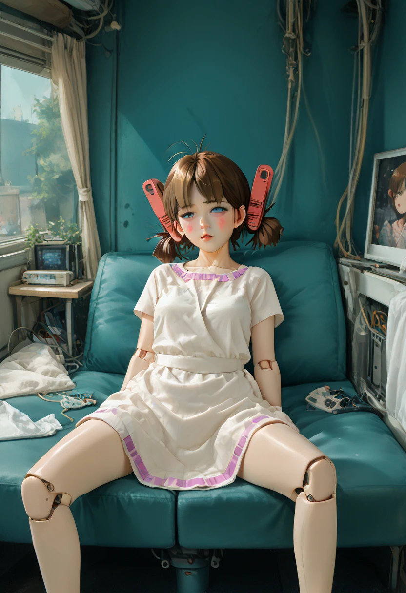  A mechanical lady is  very short pigtails, brown hair, Hair tie with two red big red clothespins, android, blue eyes, flushed cheeks, anime picture, full body figure. She closes her eyes and sleeping. She wares light green one-piece dress and simple white panty. She feels heavy ecstasy and she is fainting in orgasm, open her eyes. angle  from front view. spread  leg.