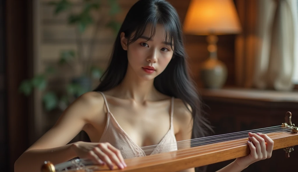 table top、highest quality、real、Super detailed、finely、High resolution、8k wallpaper、one beautiful woman、、light brown messy hair、topless, huge breast, nude, wearing harp focus、perfect dynamic composition、beautiful detailed eyes、thin hair、Detailed and realistic skin texture、smile、close up portrait、model body shape