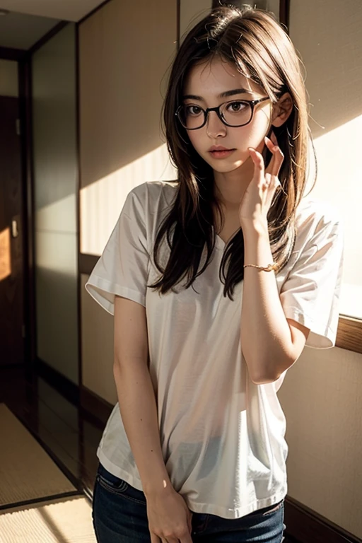 dark brown hair、light brown eyes、Japanese actress face、 lady, I am about 20 years old.、(intricate details:1.2)、(which one is the top?:1.4)、 (ultra high resolution:1.2)、ultra high resolution、(finely tuned)、(detailed facial features)、8K resolution、cleavage, long curly hair、Starry Sky Window、luxurious space、relax、full body photo、head to toe shot、beautiful feet、glasses, wearing a uniform、uniform, tight t-shirt, beautiful feet、dimly living room、she, extreme details, very detailed, realistic, obscene pose, diagonally from below、raise your chin、Relaxed expression (auraroid photo:1.2)、8K、32k、highest quality、(Details of both eyes)、elegant、lie down、random pose、(high - Angle、I look down and see this:1.2)、look at the camera、smile、