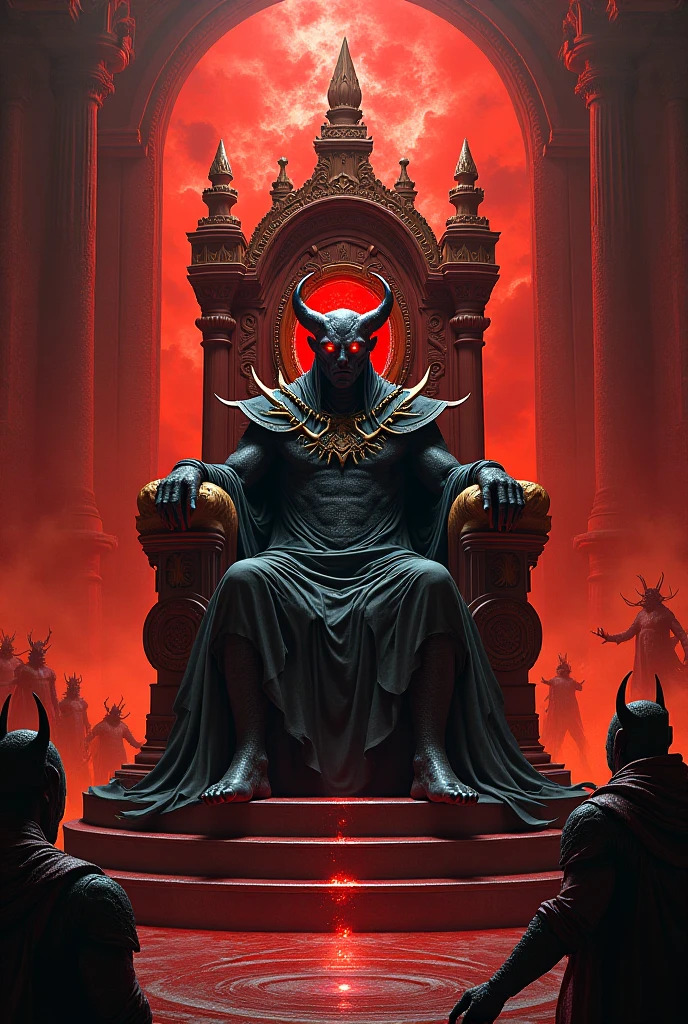 a demon guy sits in a chair, a crown on his head, flames around