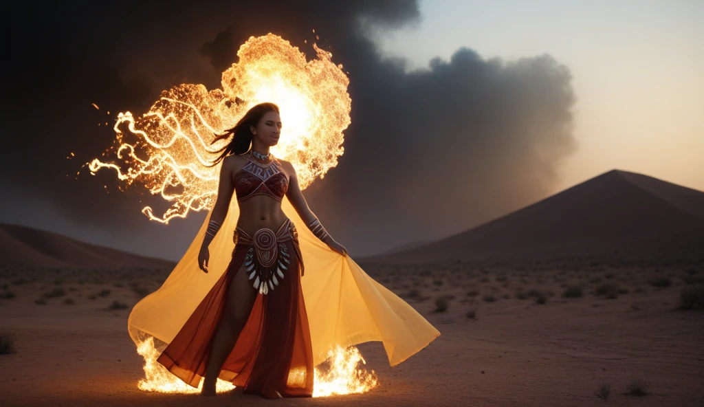 create Mariana Davalos in Full body photography of the most beautiful artwork in the world, a beautiful woman in intricate costume burning in the desert, rainbow colors, ArtStation, CGSociety, complex, high detail, clear focus, dramatic, realistic pictorial art trends Greg Rutkovsky