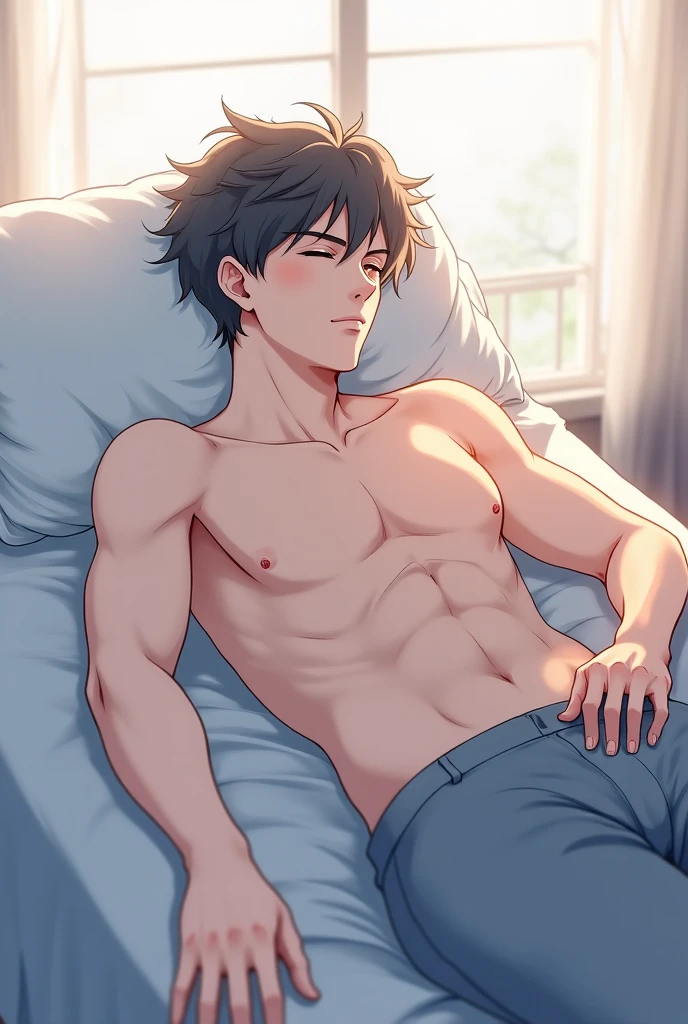 shirtless, super muscular, sweat-drenched body, 23-year old short black hair handsome caucasian male wearing white underwear, sleeping, lying in bed
