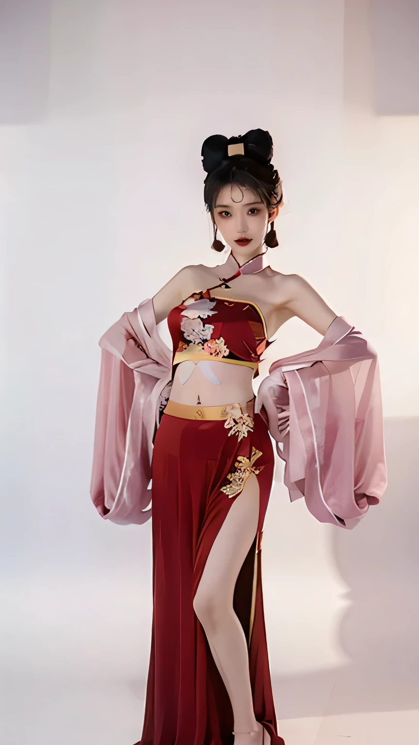 beauty,sexy,cute,Chinese girl in costume(Clothes are full of details,Show a small part of the navel),figure,Cultivation style,full body,sexy站立姿势,white studio background
