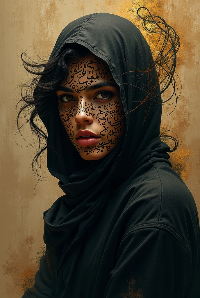 A picture of an Arabic poet's face. A tattoo drawing written in Arabic, one of the famous verses of poetry. The tattoo covers the entire face and is in black. An unrealistic expressive picture that reflects the beauty of Arabic calligraphy on the entire face.