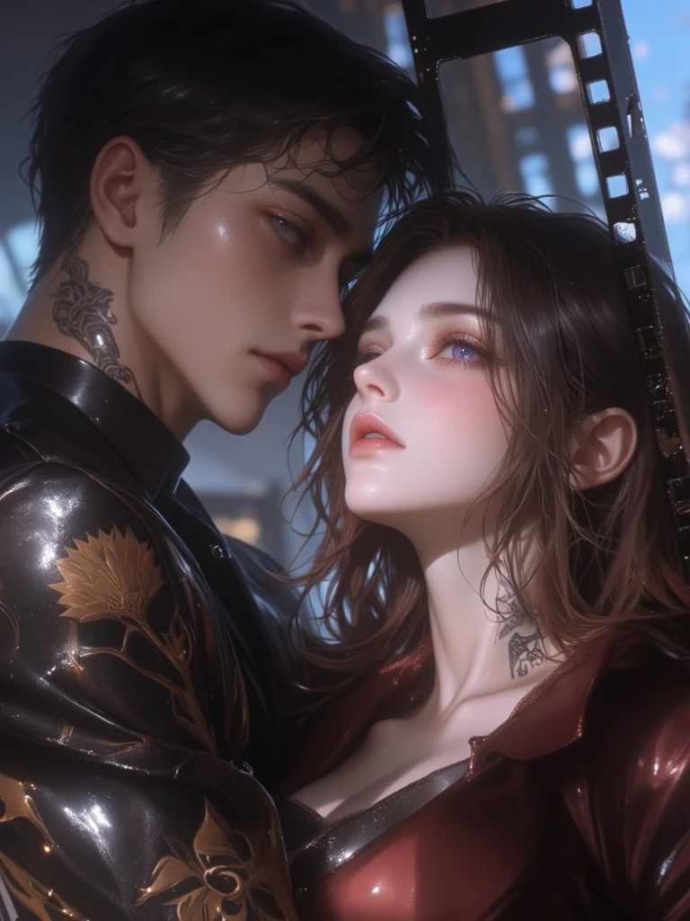 (medium full shot ) of two lovers resting heads on each other's shoulders, detailed face, spider with a black armored body, large size, spotted legs , sticky web, glowing eyes glowing silk thread, kissing, loving, located in a romantic scene at a beautiful rooftop during night with mild weather, illuminated by soft moonlight, creating a passionate atmosphere, detailed face, ,Masterpiece,best quality, photo, realistic, very aesthetic