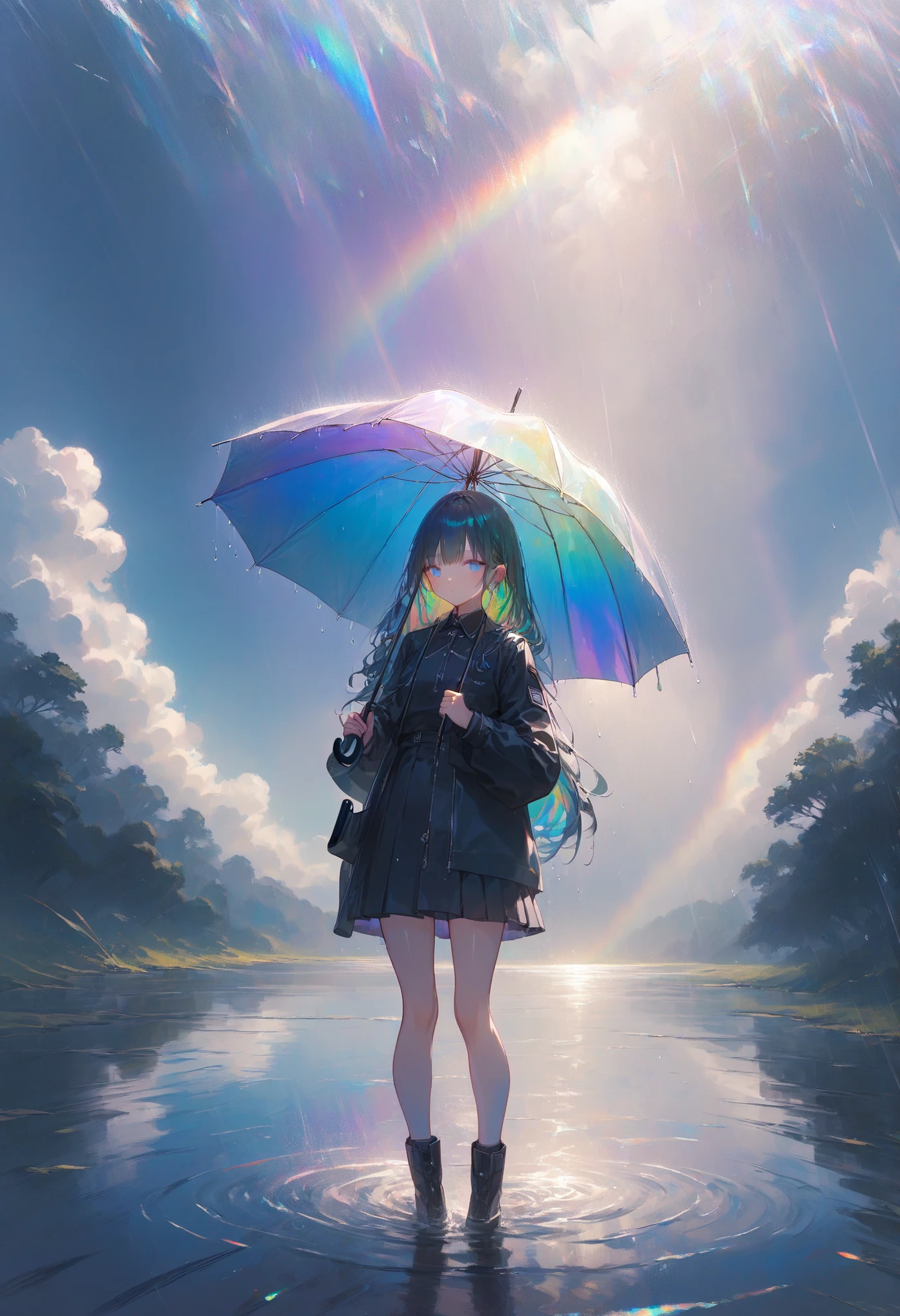  A woman holding an umbrella ,I held an umbrella in both hands, iridescent hair,long hair, black uniform,miniskirt　A rainbow appears,noon,It rains,Scenery reflected on the water, Standing on a liquid 　Catching the Wind