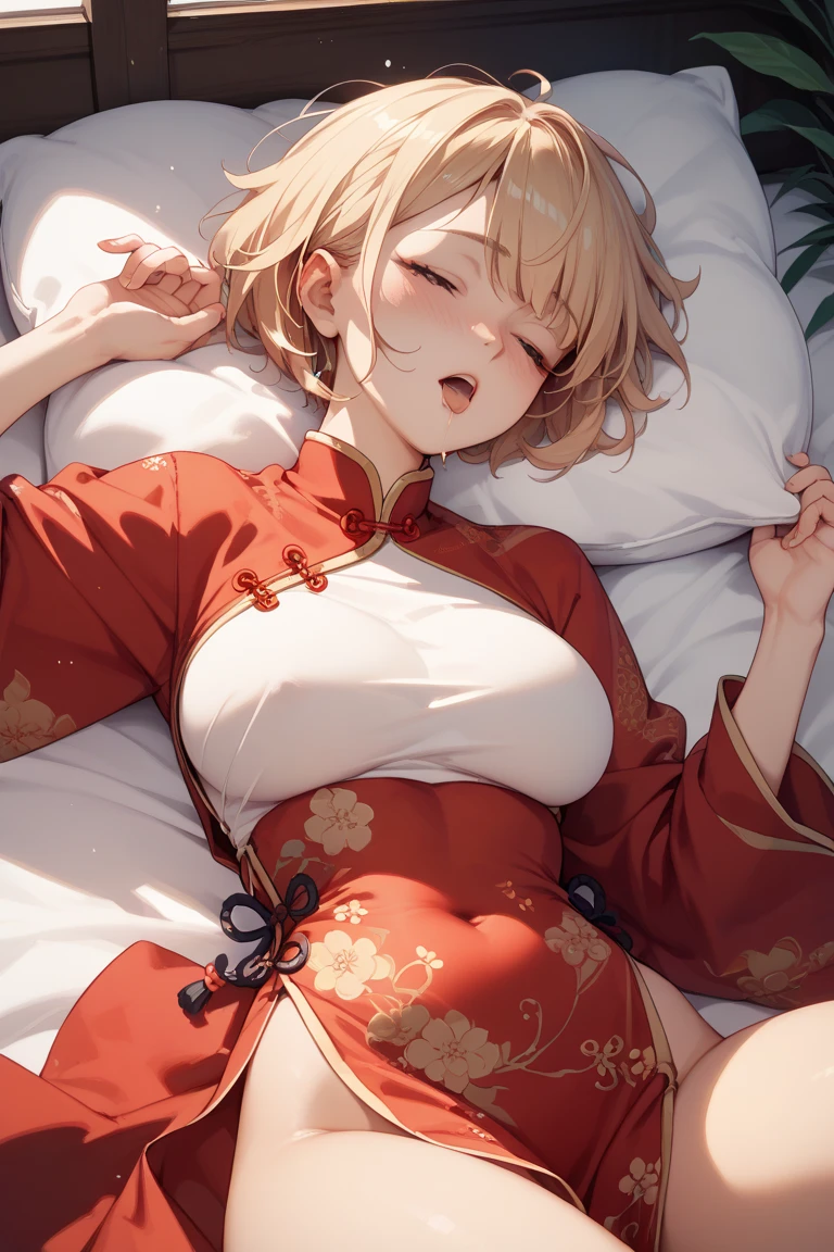 (masutepiece),Best Quality, Expressive eyes, Perfect face, 1girl in,Big Breast, H Cup Breast, good breasts,Beautiful, Autumn still leaves,Aki Shizuha, blonde hair, Short hair, Yellow eyes(Heart shaped pupils)、 leaf hair ornament,Bedroom background、fullnude、red blush、full body seen、all-fours、Face during estrus、It is dripping with the mouth open and the tongue sticking out、beautiful countenance