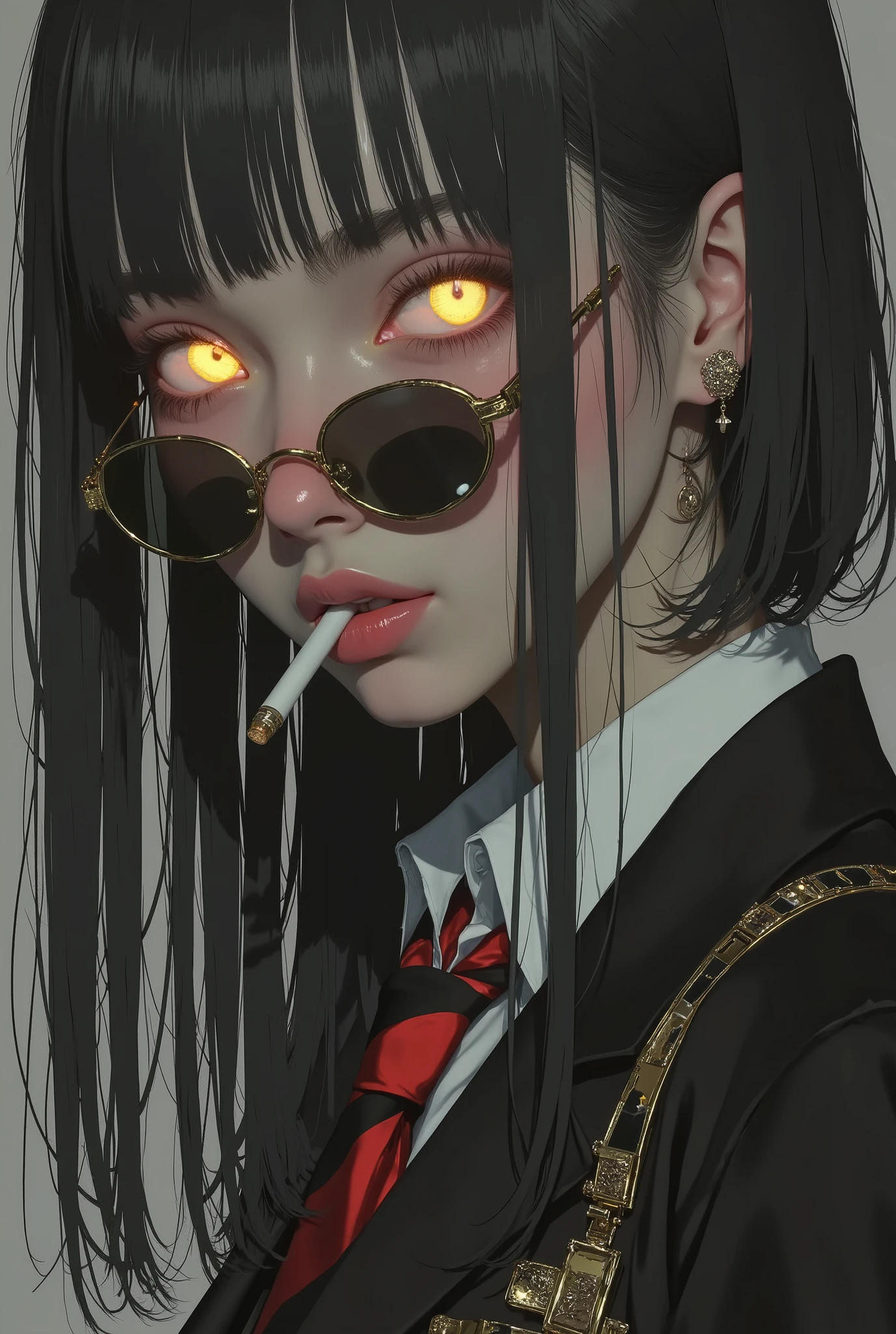 Close-up of a girl's portrait,Very close, looking down,gold glasses,Burning cigarette,elegant suit,red tie with black stripes,Ojos amarillos,Broken pupil,detailed lip sunglasses,dark environment,bright eyes,dark background, yellow eyes on the background,in front, dark lighting,airpods wireless headphones,wireless music headphones