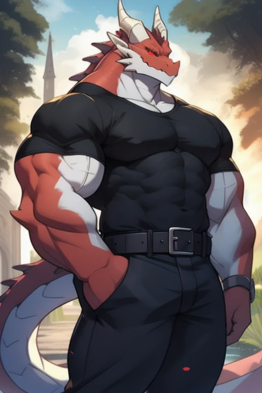 Diederich, male, wolf, red mullet hairdo, wearing black pants, buff, big bulge, hd 8k