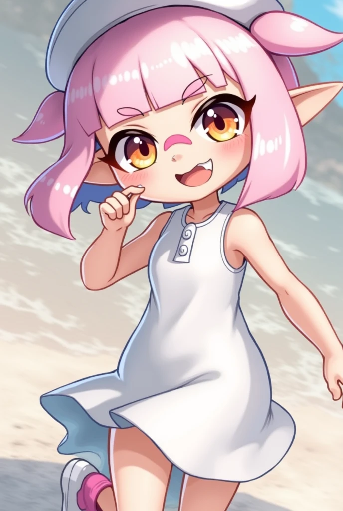 A young girl with pink hair yellow eyes and demon tail and elf ears. She’s wearing a oversized white Shirt whit a pink and hot pink striped shorts