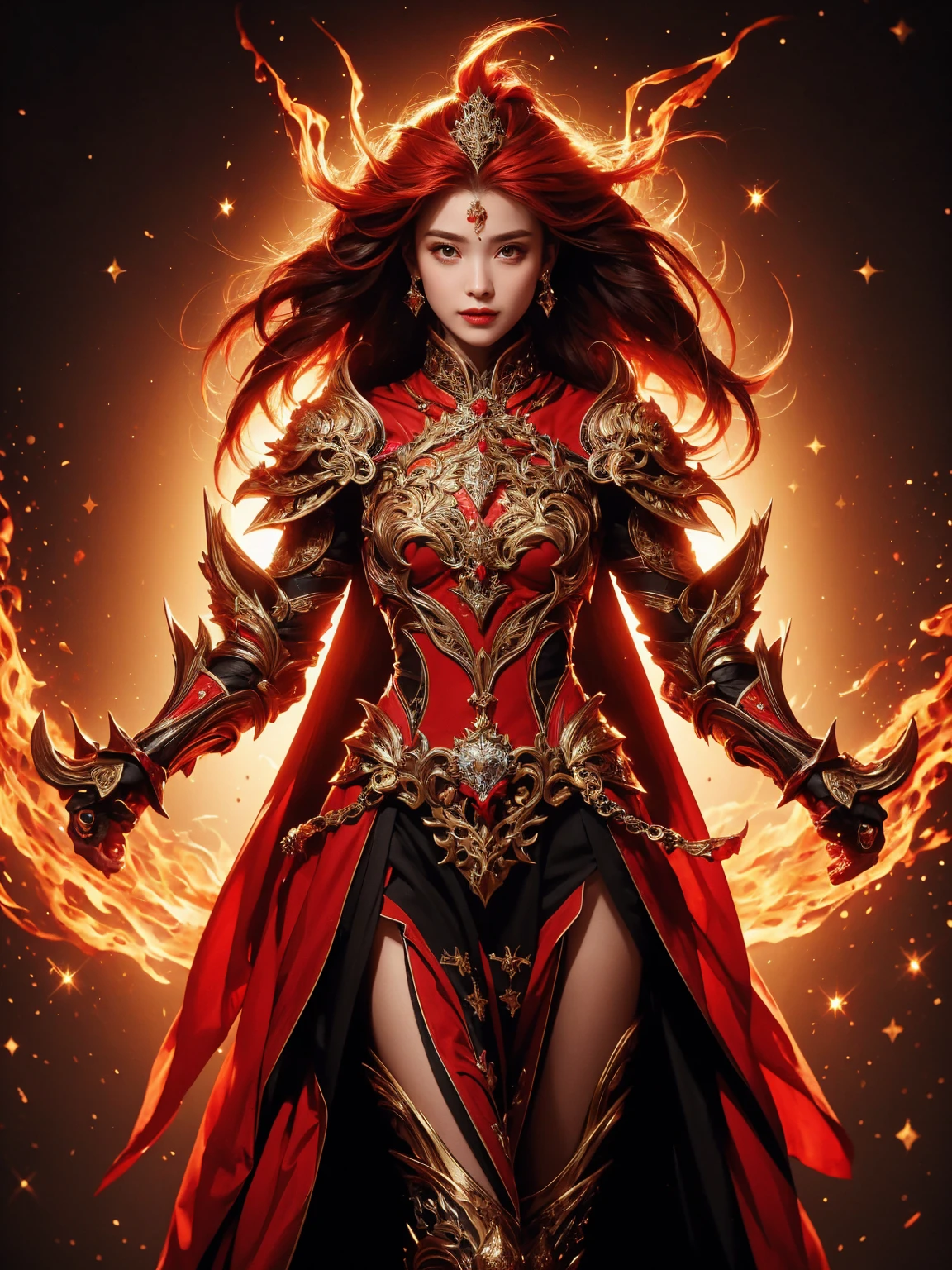 highest quality, masterpiece, realistic, High resolution, 8K RAW写真, 1 girl、long hair、goddess、Raise your decorated sword、((glamor body:1.3))、(Red bodysuit with flame motif、gold edge、white cloak)、silver pendant、silver earrings、(((action pose)))、(planet where the sun can be seen)、(many clouds in the sky）